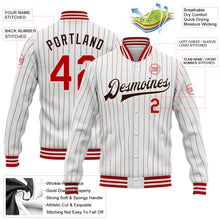 Загрузить изображение в средство просмотра галереи, Custom White Brown Pinstripe Red Bomber Full-Snap Varsity Letterman Jacket