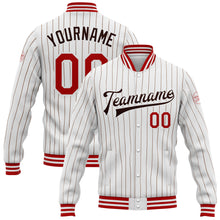 Загрузить изображение в средство просмотра галереи, Custom White Brown Pinstripe Red Bomber Full-Snap Varsity Letterman Jacket