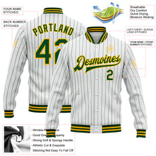 Загрузить изображение в средство просмотра галереи, Custom White Green Pinstripe Gold Bomber Full-Snap Varsity Letterman Jacket