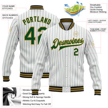 Загрузить изображение в средство просмотра галереи, Custom White Green Pinstripe Old Gold-Black Bomber Full-Snap Varsity Letterman Jacket
