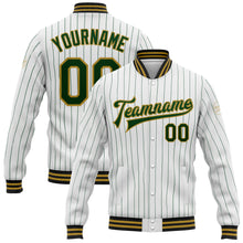 Загрузить изображение в средство просмотра галереи, Custom White Green Pinstripe Old Gold-Black Bomber Full-Snap Varsity Letterman Jacket