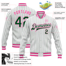 Load image into Gallery viewer, Custom White Green Pinstripe Pink Bomber Full-Snap Varsity Letterman Jacket
