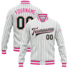 Загрузить изображение в средство просмотра галереи, Custom White Green Pinstripe Pink Bomber Full-Snap Varsity Letterman Jacket