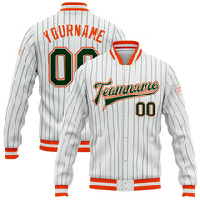 Загрузить изображение в средство просмотра галереи, Custom White Green Pinstripe Orange Bomber Full-Snap Varsity Letterman Jacket