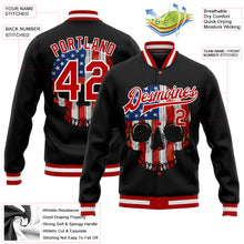 Загрузить изображение в средство просмотра галереи, Custom Black Red-White Skull With American Flag 3D Bomber Full-Snap Varsity Letterman Jacket