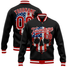 Загрузить изображение в средство просмотра галереи, Custom Black Red-White Skull With American Flag 3D Bomber Full-Snap Varsity Letterman Jacket