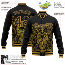 Загрузить изображение в средство просмотра галереи, Custom Black Old Gold Skull Fashion 3D Bomber Full-Snap Varsity Letterman Jacket