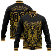 Загрузить изображение в средство просмотра галереи, Custom Black Old Gold Skull Fashion 3D Bomber Full-Snap Varsity Letterman Jacket