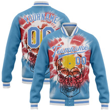 Laden Sie das Bild in den Galerie-Viewer, Custom Light Blue White Tie Dye Skull Fashion 3D Bomber Full-Snap Varsity Letterman Jacket