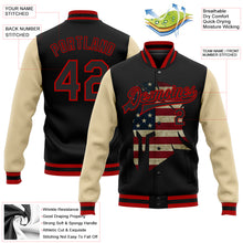 Load image into Gallery viewer, Custom Black Red-City Cream Spartan Logo With Vintage USA Flag 3D Pattern Design Bomber Full-Snap Varsity Letterman Two Tone Jacket