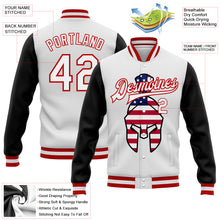 Load image into Gallery viewer, Custom White Red-Black Spartan Logo With USA Flag 3D Pattern Design Bomber Full-Snap Varsity Letterman Two Tone Jacket