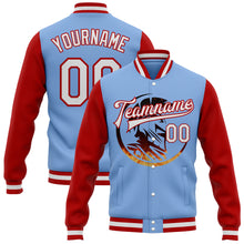 Загрузить изображение в средство просмотра галереи, Custom Light Blue White-Red Spartan Logo 3D Pattern Design Bomber Full-Snap Varsity Letterman Two Tone Jacket