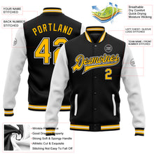 Charger l'image dans la galerie, Custom Black Gold-White Bomber Full-Snap Varsity Letterman Two Tone Jacket