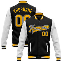 Charger l'image dans la galerie, Custom Black Gold-White Bomber Full-Snap Varsity Letterman Two Tone Jacket