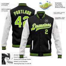 Charger l'image dans la galerie, Custom Black Neon Green-White Bomber Full-Snap Varsity Letterman Two Tone Jacket