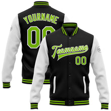 Charger l'image dans la galerie, Custom Black Neon Green-White Bomber Full-Snap Varsity Letterman Two Tone Jacket