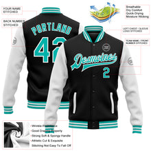 Загрузить изображение в средство просмотра галереи, Custom Black Aqua-White Bomber Full-Snap Varsity Letterman Two Tone Jacket