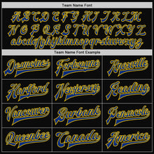Load image into Gallery viewer, Custom Black Royal-Yellow Bomber Full-Snap Varsity Letterman Two Tone Jacket
