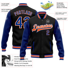 Charger l'image dans la galerie, Custom Black Royal-Orange Bomber Full-Snap Varsity Letterman Two Tone Jacket