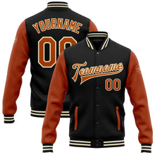 Load image into Gallery viewer, Custom Black Texas Orange-Cream Bomber Full-Snap Varsity Letterman Two Tone Jacket