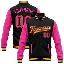 Charger l'image dans la galerie, Custom Black Pink-Gold Bomber Full-Snap Varsity Letterman Two Tone Jacket
