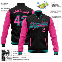 Charger l'image dans la galerie, Custom Black Pink-Teal Bomber Full-Snap Varsity Letterman Two Tone Jacket