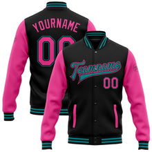 Charger l'image dans la galerie, Custom Black Pink-Teal Bomber Full-Snap Varsity Letterman Two Tone Jacket
