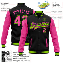 Charger l'image dans la galerie, Custom Black Pink-Neon Green Bomber Full-Snap Varsity Letterman Two Tone Jacket