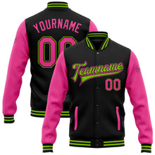Charger l'image dans la galerie, Custom Black Pink-Neon Green Bomber Full-Snap Varsity Letterman Two Tone Jacket