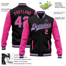 Charger l'image dans la galerie, Custom Black Pink-Light Blue Bomber Full-Snap Varsity Letterman Two Tone Jacket