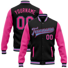 Charger l'image dans la galerie, Custom Black Pink-Light Blue Bomber Full-Snap Varsity Letterman Two Tone Jacket