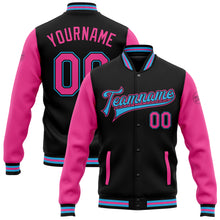 Charger l'image dans la galerie, Custom Black Pink-Sky Blue Bomber Full-Snap Varsity Letterman Two Tone Jacket