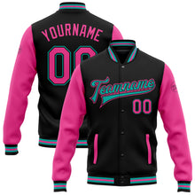 Charger l'image dans la galerie, Custom Black Pink-Aqua Bomber Full-Snap Varsity Letterman Two Tone Jacket