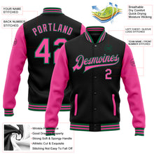 Charger l'image dans la galerie, Custom Black Pink-Kelly Green Bomber Full-Snap Varsity Letterman Two Tone Jacket