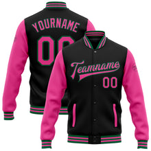 Charger l'image dans la galerie, Custom Black Pink-Kelly Green Bomber Full-Snap Varsity Letterman Two Tone Jacket