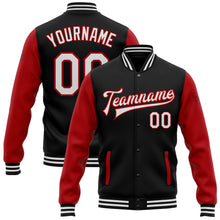 Charger l'image dans la galerie, Custom Black White-Red Bomber Full-Snap Varsity Letterman Two Tone Jacket