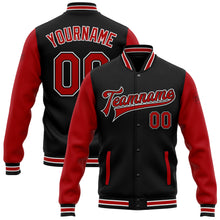 Charger l'image dans la galerie, Custom Black Red-White Bomber Full-Snap Varsity Letterman Two Tone Jacket