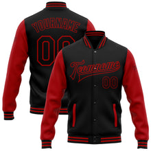 Загрузить изображение в средство просмотра галереи, Custom Black Red Bomber Full-Snap Varsity Letterman Two Tone Jacket