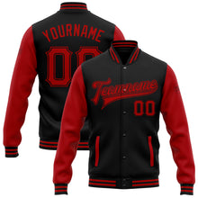 Charger l'image dans la galerie, Custom Black Red Bomber Full-Snap Varsity Letterman Two Tone Jacket
