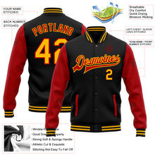 Charger l'image dans la galerie, Custom Black Gold-Red Bomber Full-Snap Varsity Letterman Two Tone Jacket