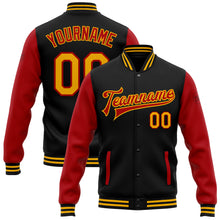 Charger l'image dans la galerie, Custom Black Gold-Red Bomber Full-Snap Varsity Letterman Two Tone Jacket
