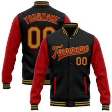 Charger l'image dans la galerie, Custom Black Old Gold-Red Bomber Full-Snap Varsity Letterman Two Tone Jacket
