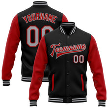 Charger l'image dans la galerie, Custom Black Gray-Red Bomber Full-Snap Varsity Letterman Two Tone Jacket