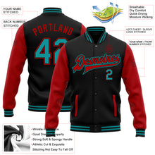 Charger l'image dans la galerie, Custom Black Teal-Red Bomber Full-Snap Varsity Letterman Two Tone Jacket