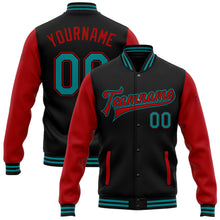 Charger l'image dans la galerie, Custom Black Teal-Red Bomber Full-Snap Varsity Letterman Two Tone Jacket