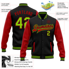 Charger l'image dans la galerie, Custom Black Neon Green-Red Bomber Full-Snap Varsity Letterman Two Tone Jacket