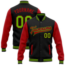 Charger l'image dans la galerie, Custom Black Neon Green-Red Bomber Full-Snap Varsity Letterman Two Tone Jacket