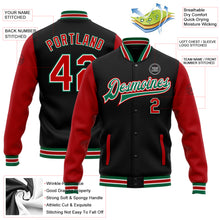 Load image into Gallery viewer, Custom Black Red-Kelly Green Bomber Full-Snap Varsity Letterman Two Tone Jacket
