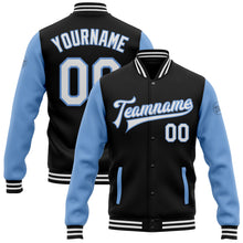 Charger l'image dans la galerie, Custom Black White-Light Blue Bomber Full-Snap Varsity Letterman Two Tone Jacket