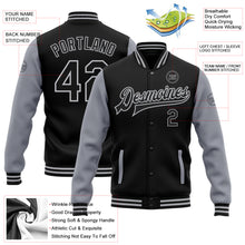 Charger l'image dans la galerie, Custom Black Gray Bomber Full-Snap Varsity Letterman Two Tone Jacket